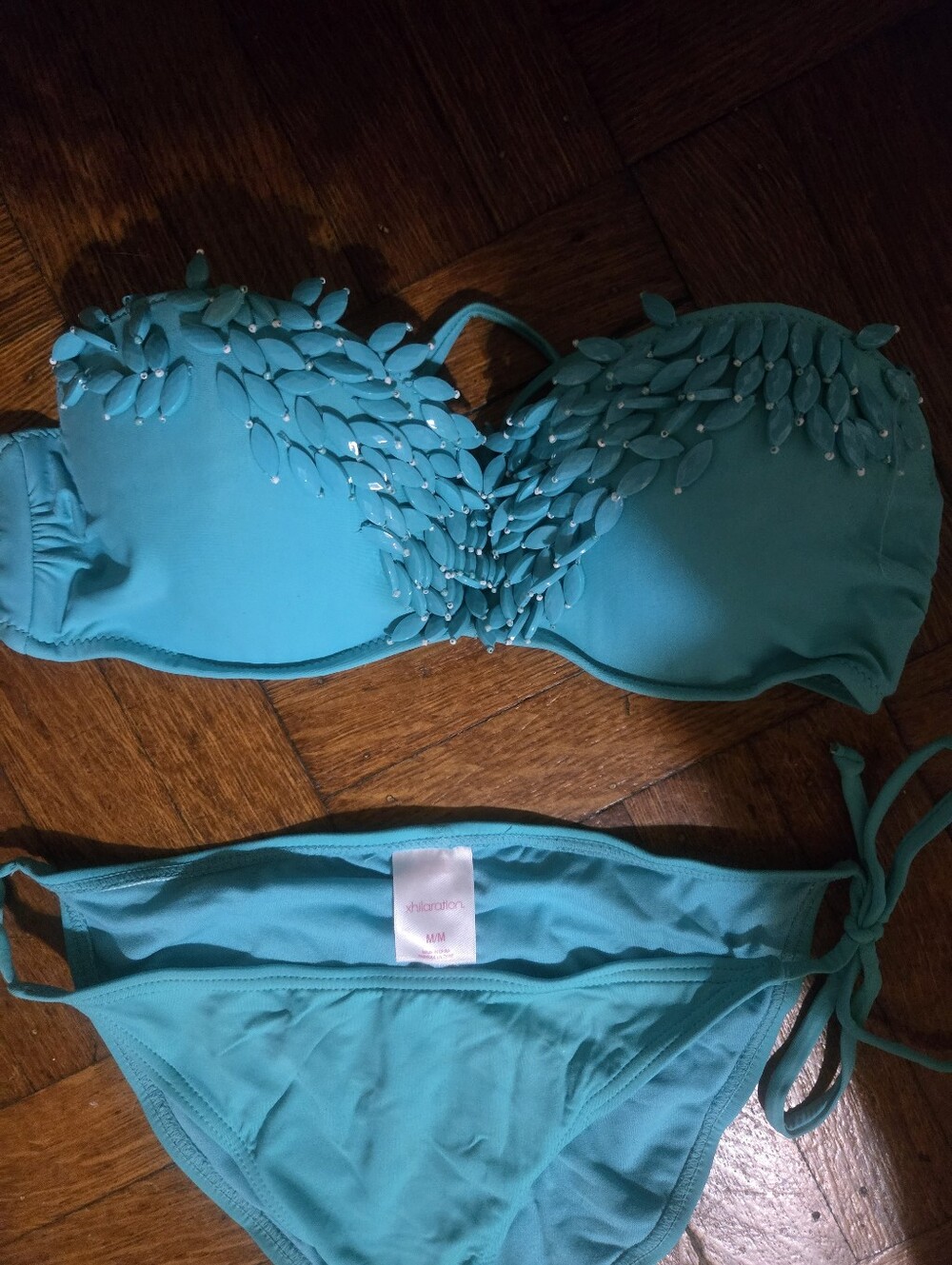 Turquoise Blue Women's Bandeau Bikini Set - Strapless Top & Tie-Side Bottom W Em - Picture 3 of 3